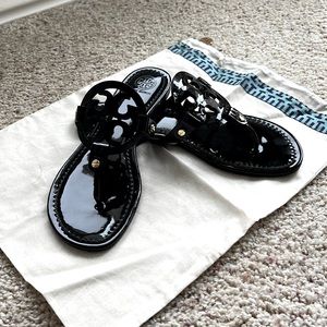 Tory Burch Miller sandals, black patent leather.
